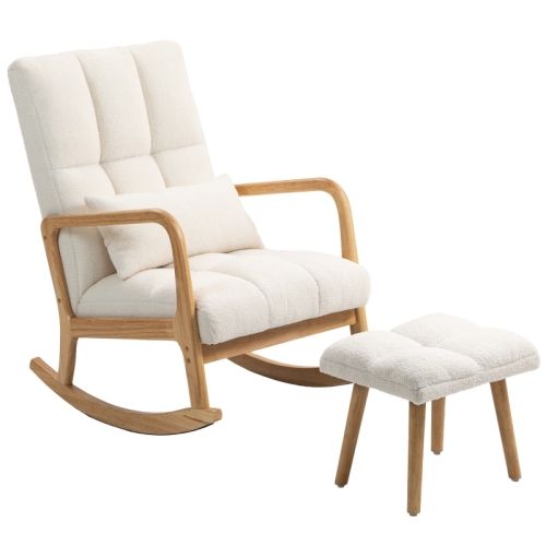 Rocking Chair, Fauteuil à Bascule Avec Repose-pieds, Accoudoirs, Dossier Haut, Patins En Bois, Blanc