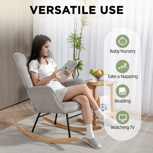 Rocking Chair, Fauteuil à Bascule En Velours Côtelé, Avec Accoudoir, Patins En Bois, Vert