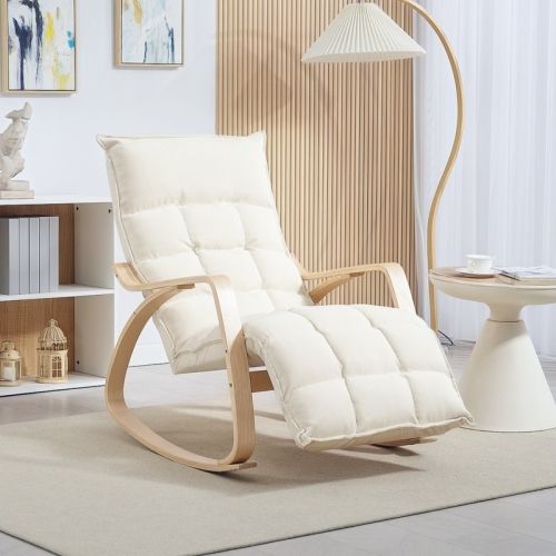 Rocking Chair, Fauteuil à Bascule En Lin Avec Dossier, Repose-pieds, Blanc