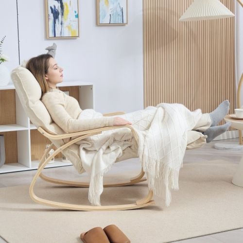 Rocking Chair, Fauteuil à Bascule En Lin Avec Dossier, Repose-pieds, Blanc