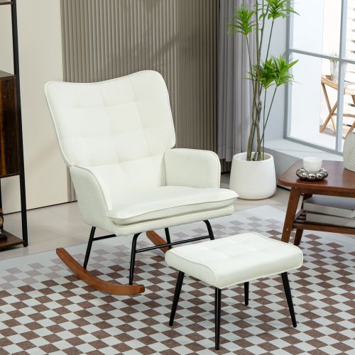 Rocking Chair, Fauteuil à Bascule En Lin Avec Repose-pieds, Capacité De Charge De 130 Kg, Blanc