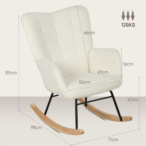 Rocking Chair, Fauteuil à Bascule En Polaire Berbère Avec Accoudoirs, Patins En Bois, Blanc
