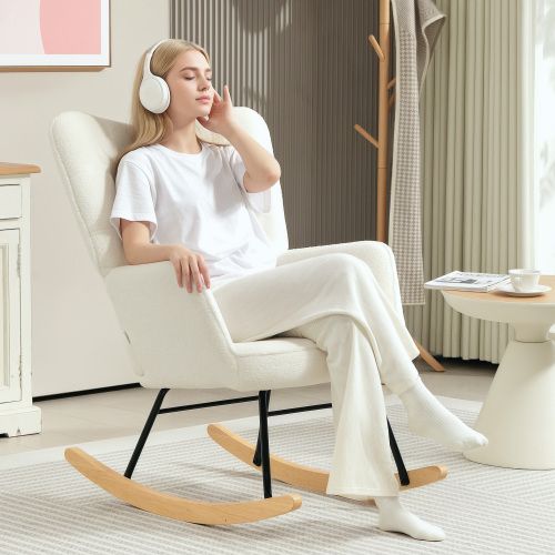 Rocking Chair, Fauteuil à Bascule En Polaire Berbère Avec Accoudoirs, Patins En Bois, Blanc