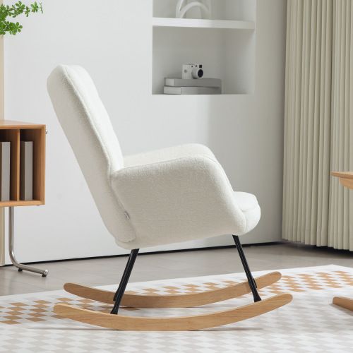 Rocking Chair, Fauteuil à Bascule En Polaire Berbère Avec Accoudoirs, Patins En Bois, Blanc