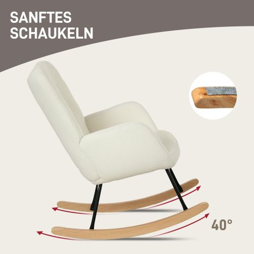 Rocking Chair, Fauteuil à Bascule En Polaire Berbère Avec Accoudoirs, Patins En Bois, Blanc