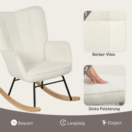 Rocking Chair, Fauteuil à Bascule En Polaire Berbère Avec Accoudoirs, Patins En Bois, Blanc