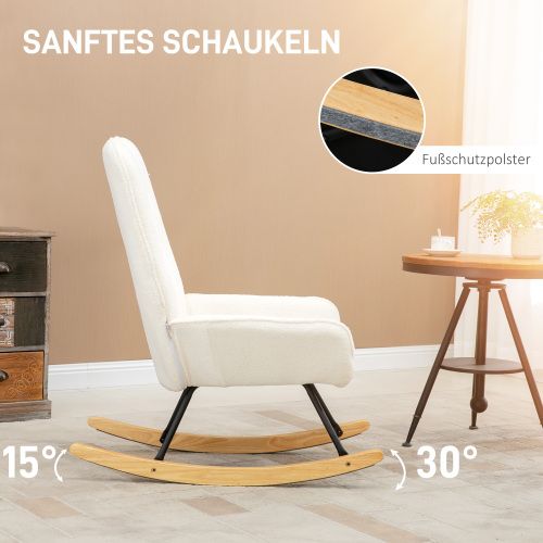 Rocking Chair, Fauteuil à Bascule Avec Polaire, Charge De 150 Kg, Patins En Bois, Blanc