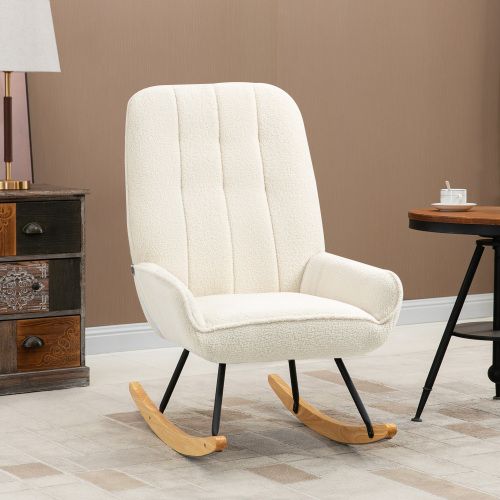 Rocking Chair, Fauteuil à Bascule Avec Polaire, Charge De 150 Kg, Patins En Bois, Blanc