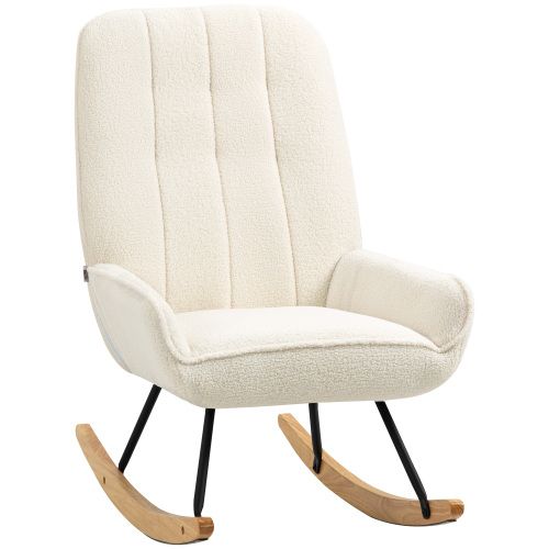 Rocking Chair, Fauteuil à Bascule Avec Polaire, Charge De 150 Kg, Patins En Bois, Blanc
