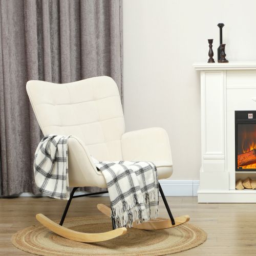 Rocking Chair, Fauteuil à Bascule En Velours Avec Accoudoir, Patins En Bois, Beige
