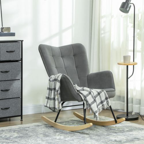 Rocking Chair, Fauteuil à Bascule En Velours Avec Accoudoir, Patins En Bois, Gris Foncé