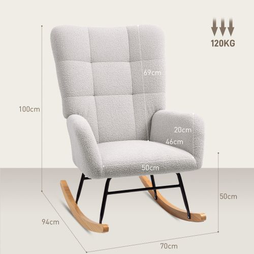 Rocking Chair, Fauteuil à Bascule En Tissu Teddy Avec Accoudoirs, Patins En Bois, Gris Clair