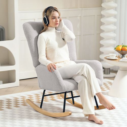 Rocking Chair, Fauteuil à Bascule En Tissu Teddy Avec Accoudoirs, Patins En Bois, Gris Clair
