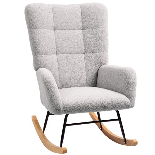 Rocking Chair, Fauteuil à Bascule En Tissu Teddy Avec Accoudoirs, Patins En Bois, Gris Clair