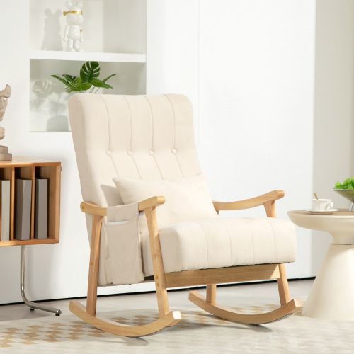 Rocking Chair, Fauteuil à Bascule En Tissu Avec Coussin Lombaire Et Poche Latérale, Beige