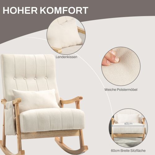 Rocking Chair, Fauteuil à Bascule En Tissu Avec Coussin Lombaire Et Poche Latérale, Beige