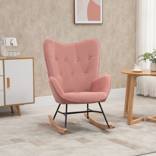 Rocking Chair, Fauteuil à Bascule En Polyester Velouté, Dossier Haut, Patins En Bois, Rose