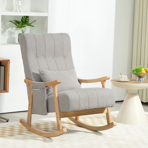 Rocking Chair, Fauteuil à Bascule En Tissu Avec Coussin Lombaire Et Poche Latérale, Gris