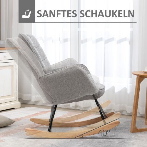 Rocking Chair, Fauteuil à Bascule En Polaire Berbère Avec Accoudoirs, Patins En Bois, Gris Clair