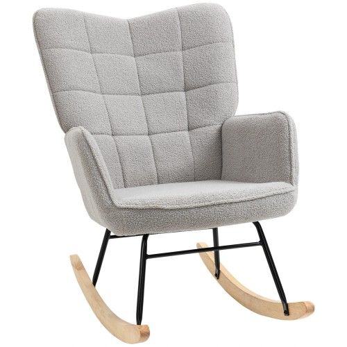 Rocking Chair, Fauteuil à Bascule En Polaire Berbère Avec Accoudoirs, Patins En Bois, Gris Clair