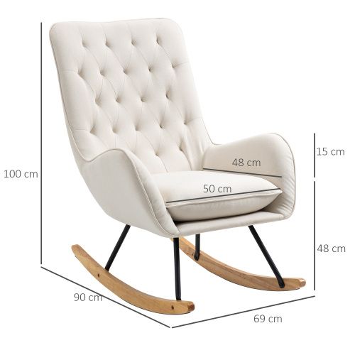 Rocking Chair, Fauteuil à Bascule En Lin Avec Pieds En Bois Et Structure En Métal, Blanc