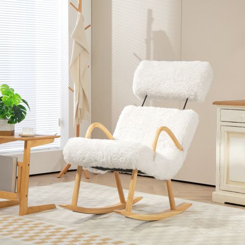Rocking Chair, Fauteuil à Bascule En Laine Avec Appui-tête Réglable, Structure En Bois, Blanc