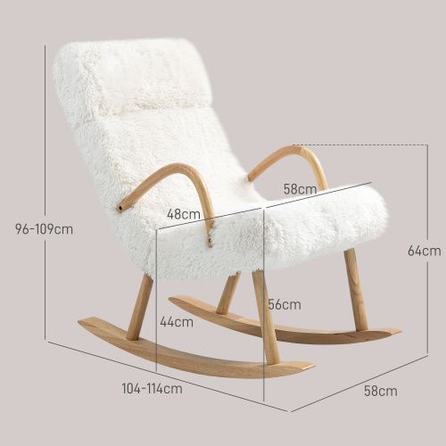 Rocking Chair, Fauteuil à Bascule En Laine Avec Appui-tête Réglable, Structure En Bois, Blanc