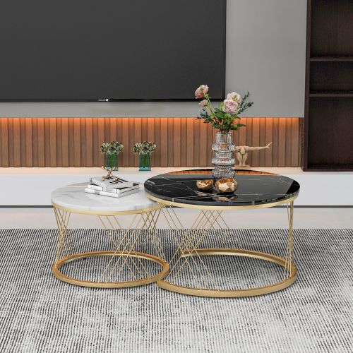 Lot De 2 Tables Basses Gigognes Rondes modernes, En Placage De Marbre noire et blanche