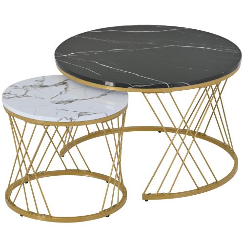 Lot De 2 Tables Basses Gigognes Rondes modernes, En Placage De Marbre noire et blanche