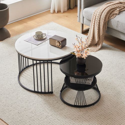 Lot De 2 Tables Basses Gigognes Rondes, En Placage De Marbre, Cadre Noir