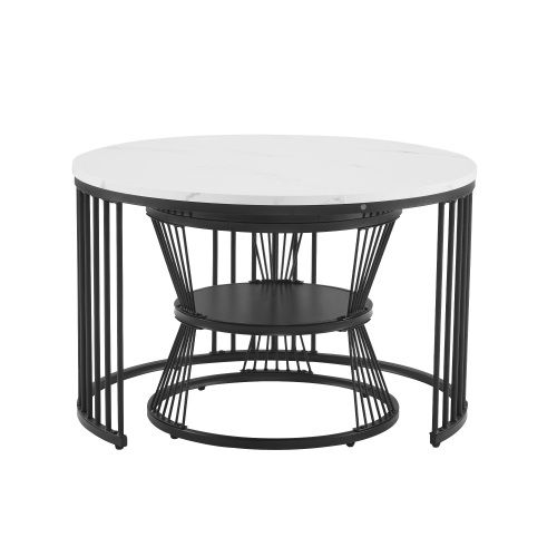 Lot De 2 Tables Basses Gigognes Rondes, En Placage De Marbre, Cadre Noir