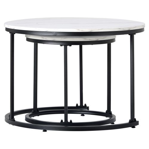 Lot De 2 Tables Basses Gigognes Rondes, En Placage De Marbre, Cadre Noir, Table Basse Pour Salon