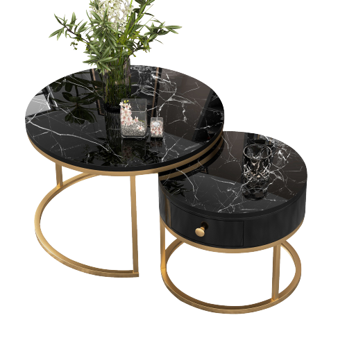 Lot De 2 Tables Basses Gigognes Rondes, Avec Tiroir, En Placage De Marbre Noir, Cadre Doré