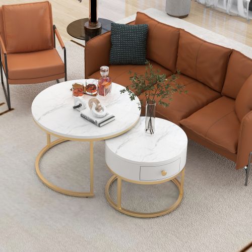 Lot De 2 Tables Basses Gigognes Rondes, Avec Tiroir, En Placage De Marbre Blanc, Cadre Doré