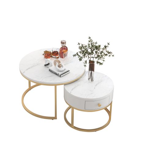 Lot De 2 Tables Basses Gigognes Rondes, Avec Tiroir, En Placage De Marbre Blanc, Cadre Doré