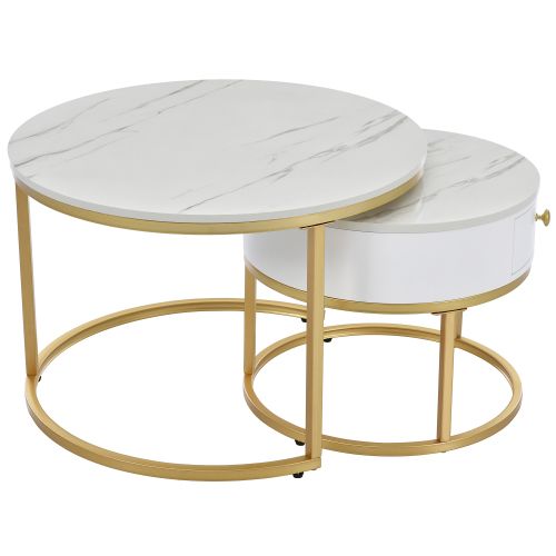 Lot De 2 Tables Basses Gigognes Rondes, Avec Tiroir, En Placage De Marbre Blanc, Cadre Doré