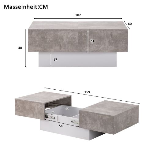 Table Basse Rectangulaire Grise Avec Table Extensible Et 2 Espaces De Rangement