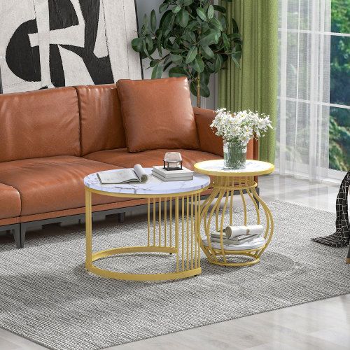 Lot De 2 Tables Basses Gigognes Rondes Blanches, En Placage De Marbre, Cadre Doré