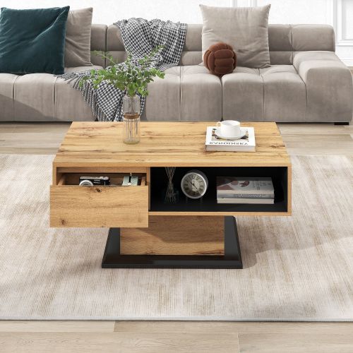 Table Basse Rectangulaire Bois Avec Tiroir, 2 Rangements Ouverts, Table Basse Pour Salon