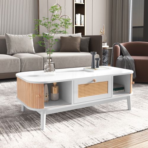 Table Basse Rectangulaire En Rotin Blanche Avec Tiroir Et 2 Portes Coulissantes