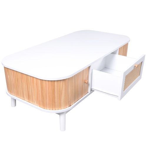 Table Basse Rectangulaire En Rotin Blanche Avec Tiroir Et 2 Portes Coulissantes