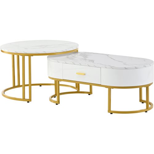 Lot De 2 Tables Basses Gigognes Blanches Avec Tiroir, Ronde Et Ovale, Cadre Doré