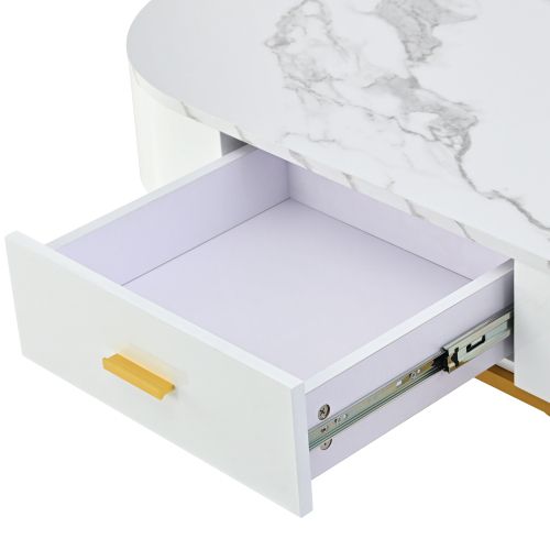 Lot De 2 Tables Basses Gigognes Blanches Avec Tiroir, Ronde Et Ovale, Cadre Doré