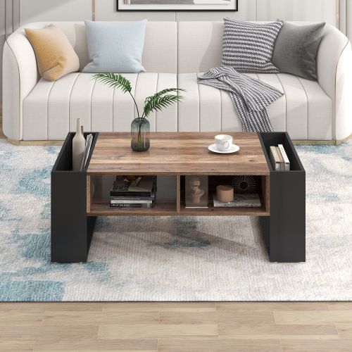 Table Basse Rectangulaire Bois Avec 1 Tiroir, 4 Compartiments De Rangement Sur Les 4 Côtés