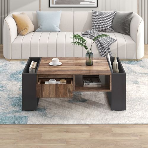 Table Basse Rectangulaire Bois Avec 1 Tiroir, 4 Compartiments De Rangement Sur Les 4 Côtés