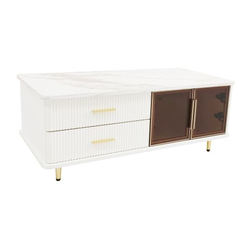 Table Basse Rectangulaire Blanche Avec LED, Casier Avec 2 Portes, 2 Tiroirs, En Placage De Marbre