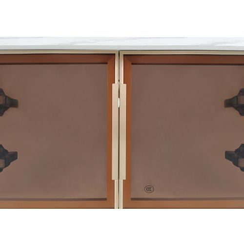 Table Basse Rectangulaire Blanche Avec LED, Casier Avec 2 Portes, 2 Tiroirs, En Placage De Marbre