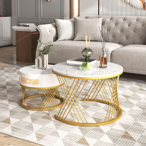 Lot De 2 Tables Basses Gigognes Rondes Blanches Avec Tiroir En Rotin Synthétique, Cadre Doré