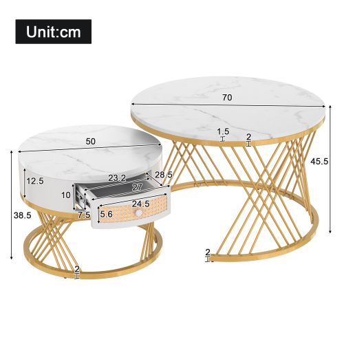 Lot De 2 Tables Basses Gigognes Rondes Blanches Avec Tiroir En Rotin Synthétique, Cadre Doré