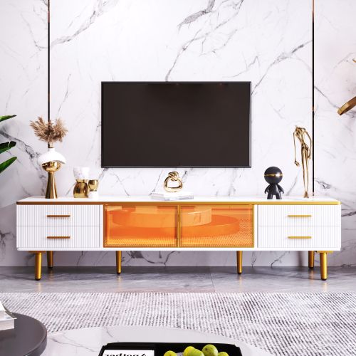 Ensemble De Table Basse Avec Meuble TV, Avec LED, 4 Portes En Verre Trempé, 6 Tiroirs, Blanc